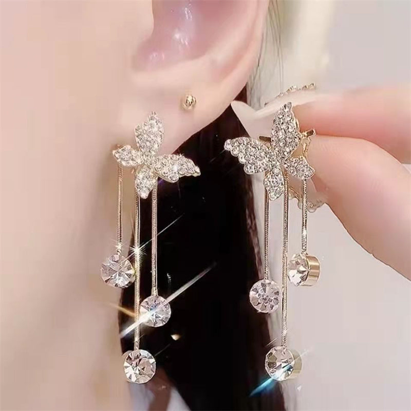 Feminé Luxé Diamond-Set Butterfly Dangles | Elegant Chain & Pearl Pendant Drop Earrings Feminé Luxé