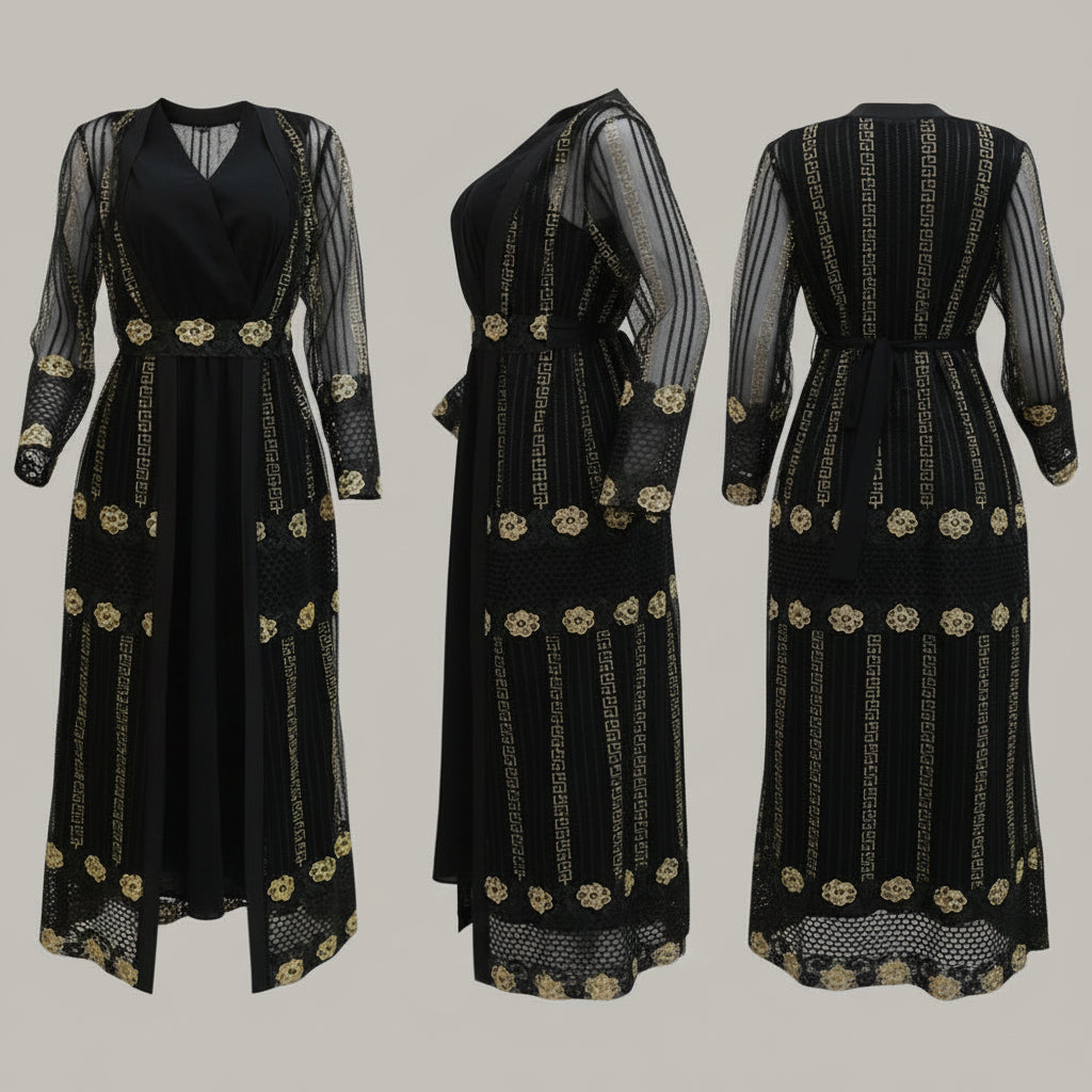 Elegant Embroidered Long Sleeve Maxi Kaftan Dress Feminé Luxé