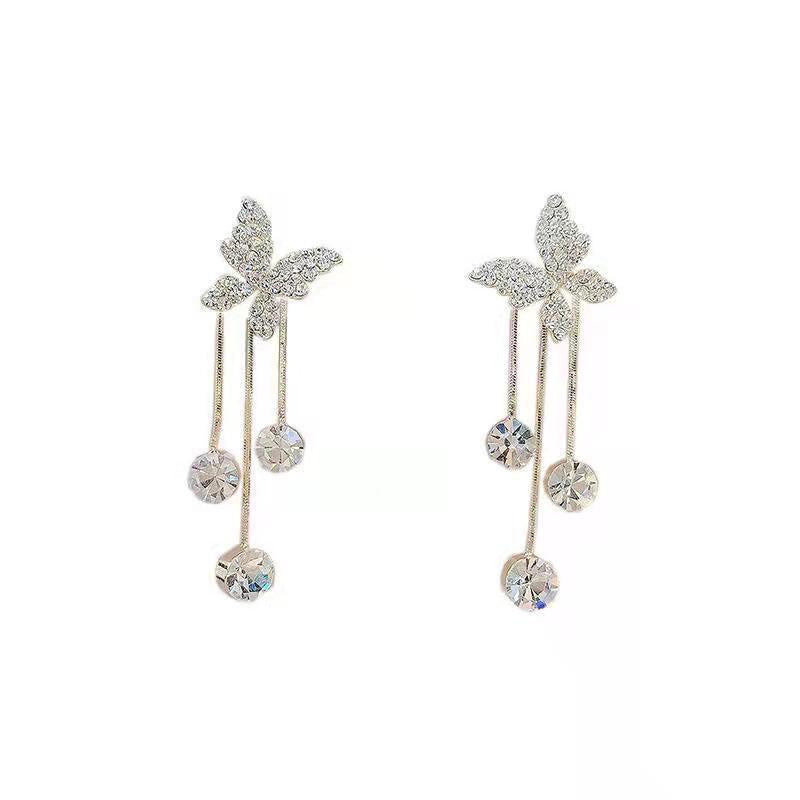 Feminé Luxé Diamond-Set Butterfly Dangles | Elegant Chain & Pearl Pendant Drop Earrings Feminé Luxé