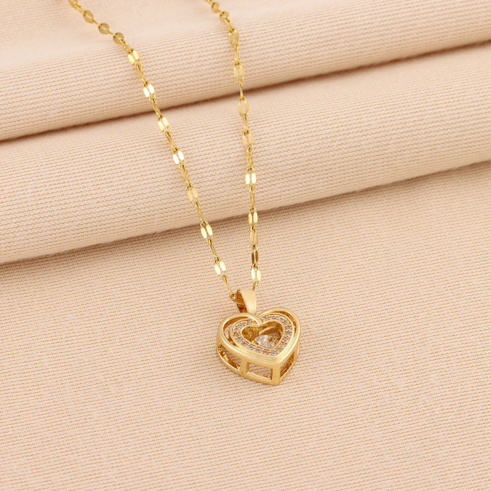 Elegant Double-Layer Love Heart Necklace - Rhinestone Titanium Steel Pendant Chain for Women Feminé Luxé