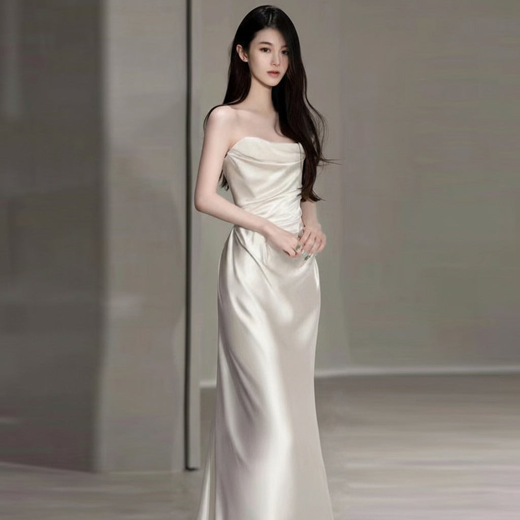 Minimalist Satin Strapless White Wedding Dress Feminé Luxé