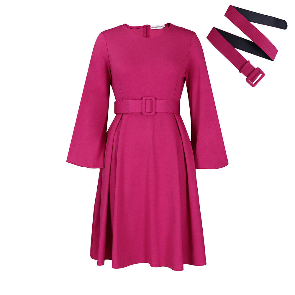 Belted Long Sleeve Swing Dress Feminé Luxé