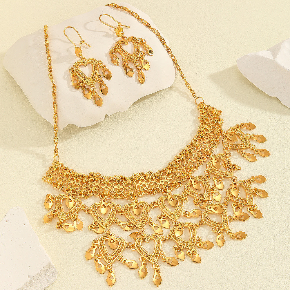 Feminé Luxé Signature: Retro Gold-Toned Grandeur Set: 3-Piece Statement Collar Necklace & Dangle Earrings for Vintage Luxury Feminé Luxé