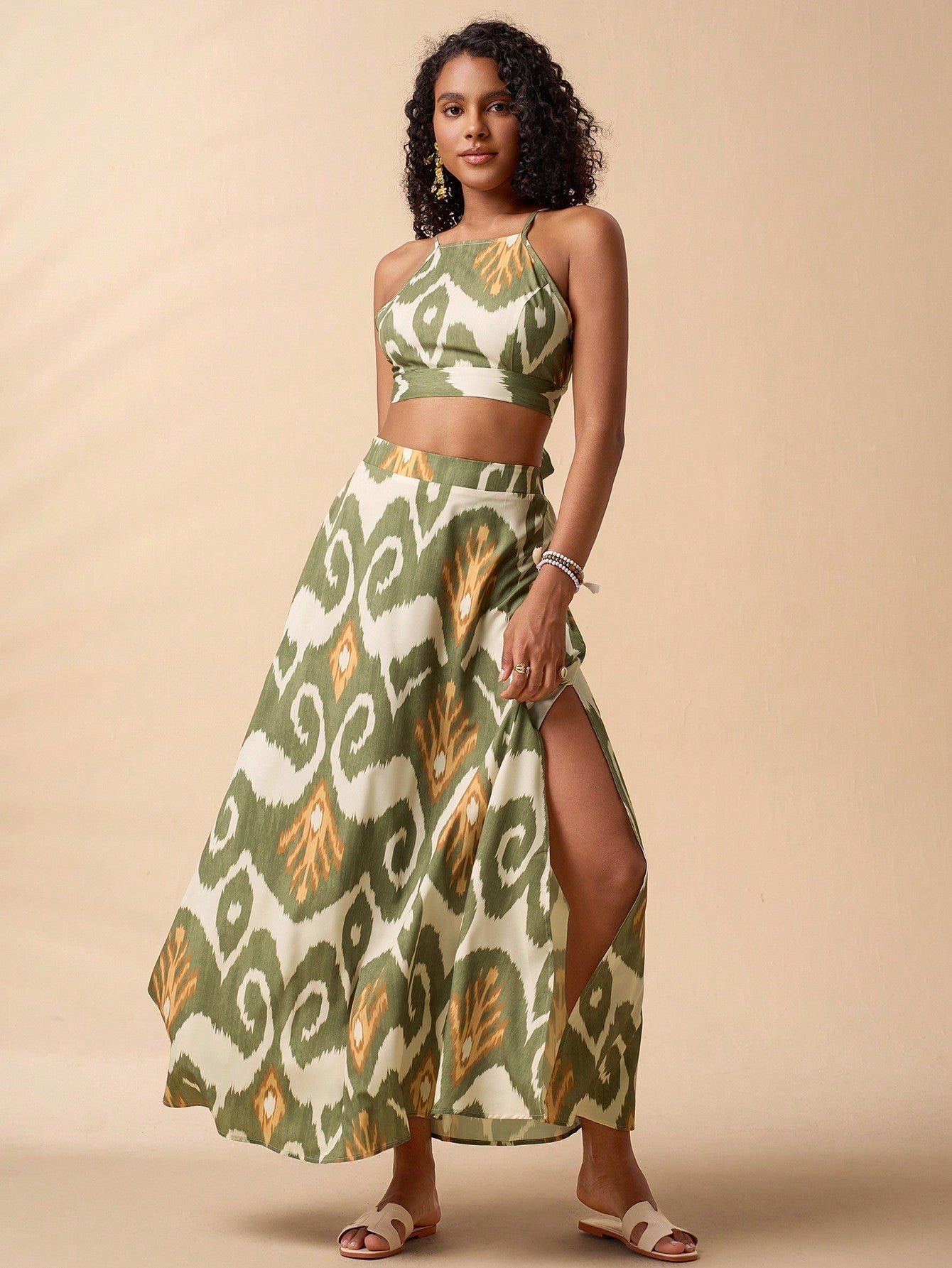 Palm Chic: Tie-Back Crop Top & High-Slit Maxi Skirt Co-ord Set Feminé Luxé