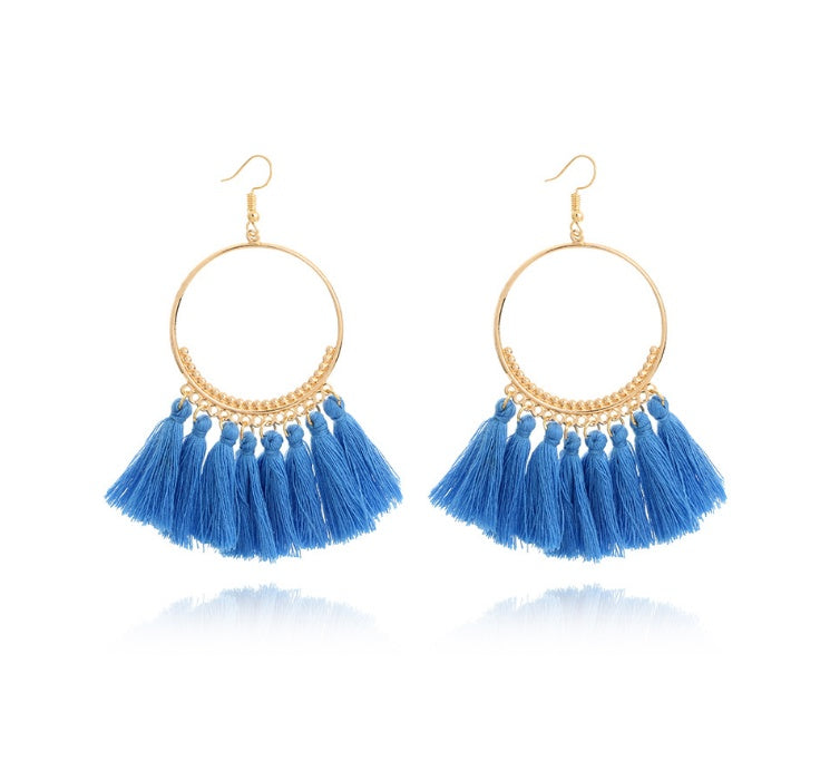 Bohemian Grande Tassel Hoop Earrings | Hand-Woven Fringe Dangles in Geometric Gold Finish Feminé Luxé
