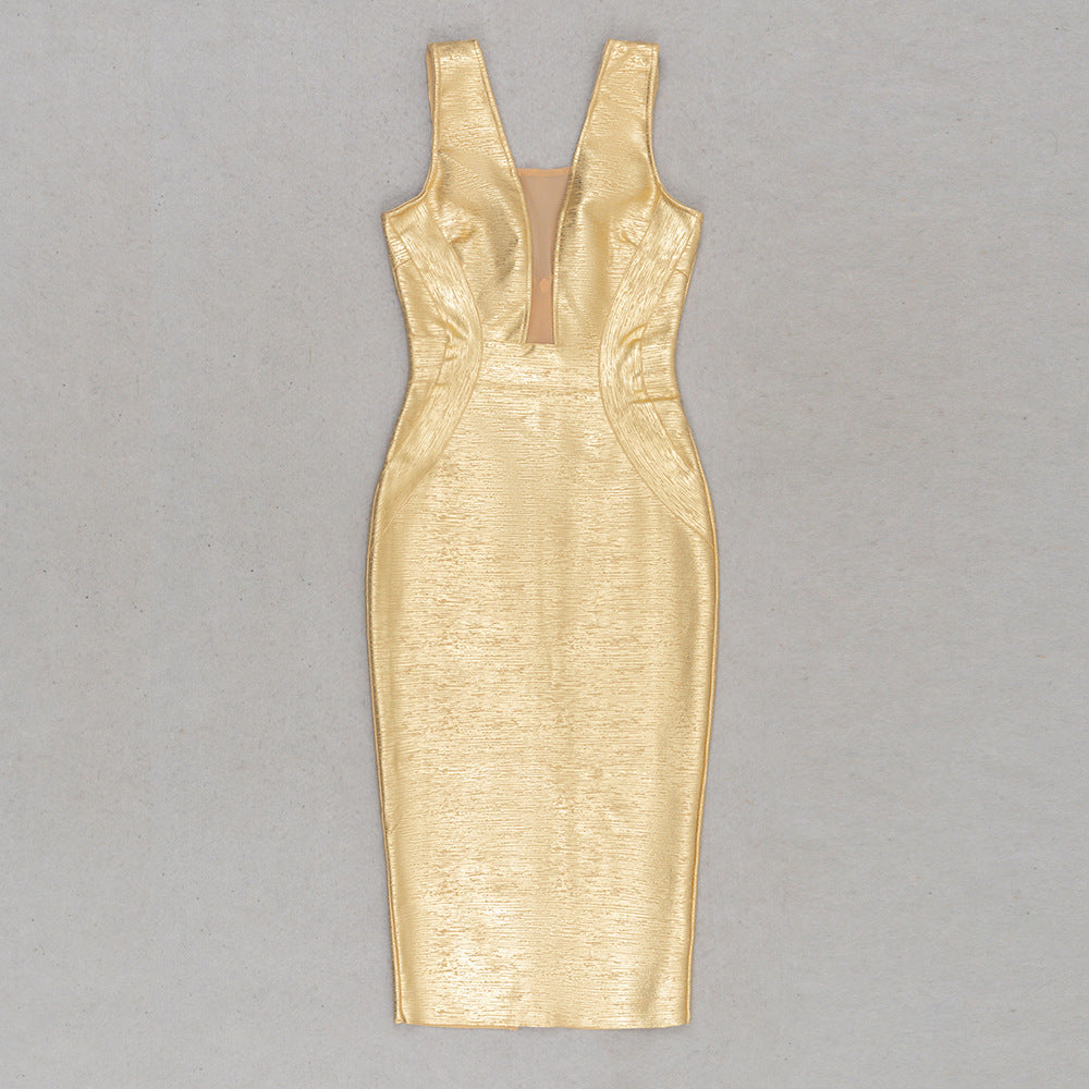 Golden Deep V-Neck Bodycon Midi Evening Dress Feminé Luxé