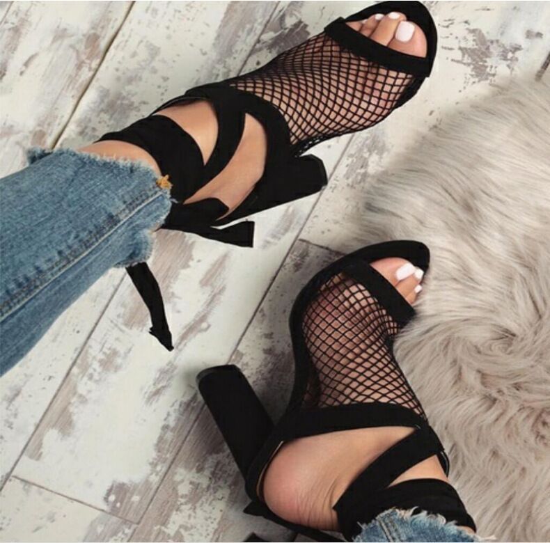 Runway Rebellion: The 'Obsidian' Mesh & Flocking Block Heel Sandals Feminé Luxé