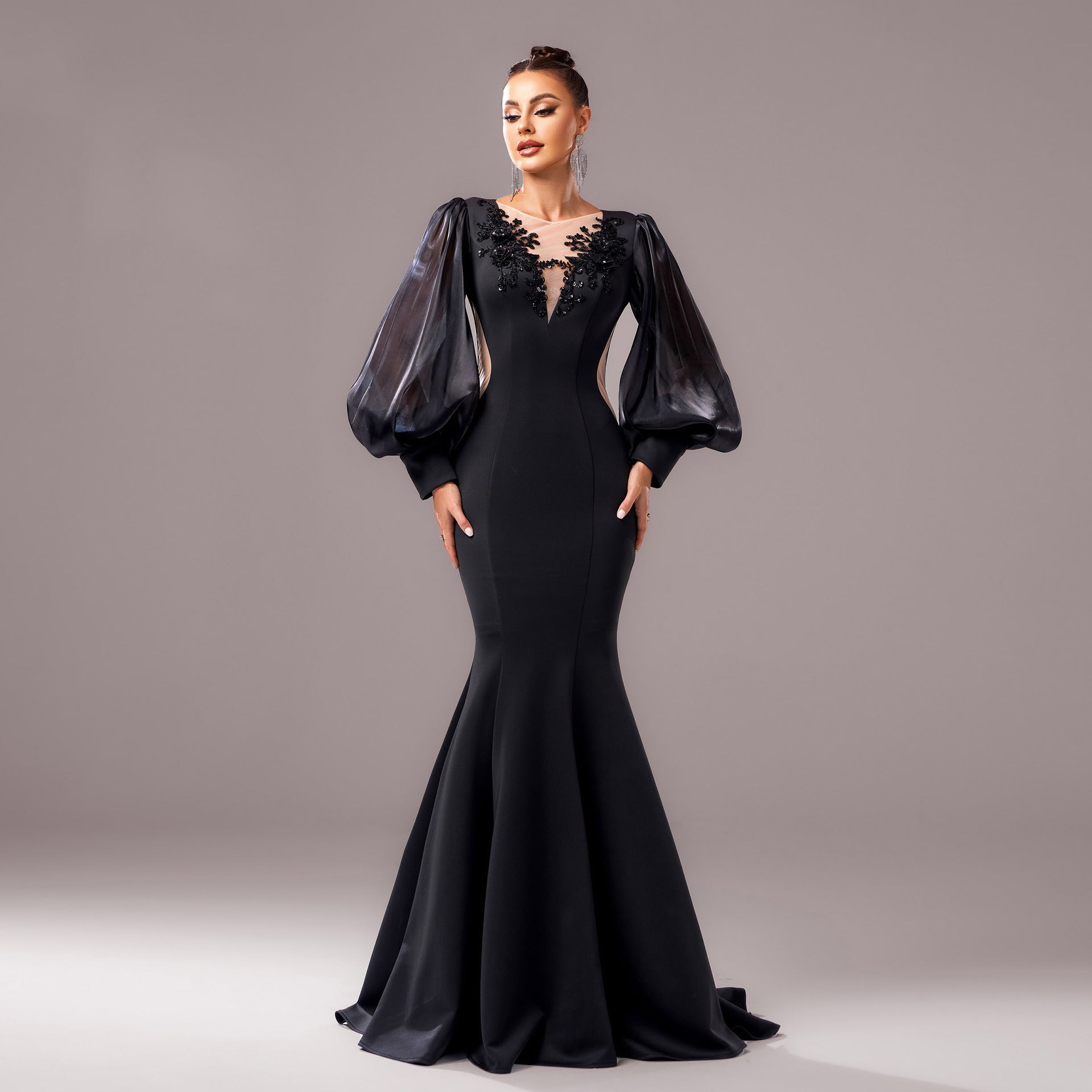 Black Majesty Long Sleeve Sheer Banquet Fishtail Gown Feminé Luxé
