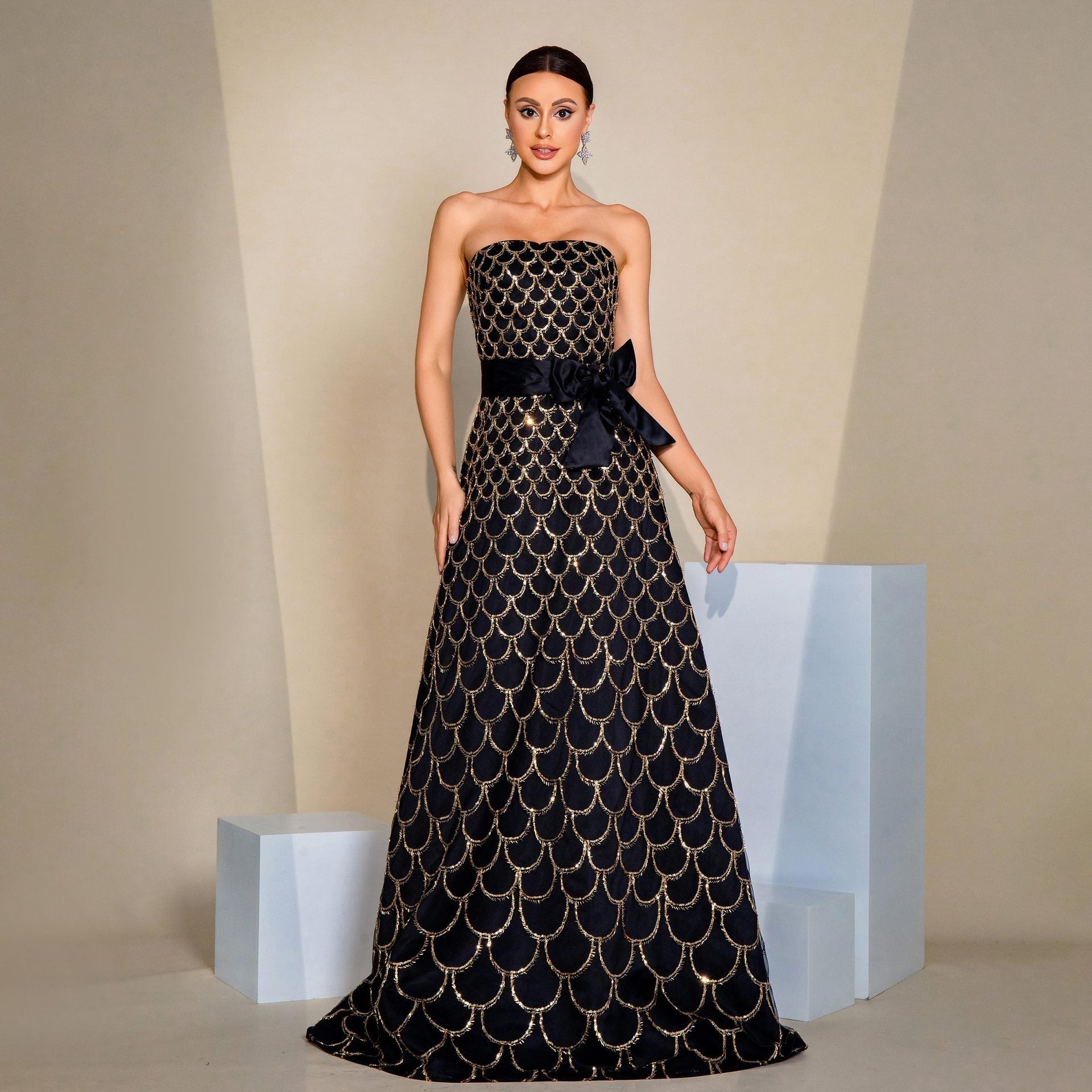Off-Shoulder Sequined Evening Dress with Bow Waist & Elegant Swing Skirt Feminé Luxé