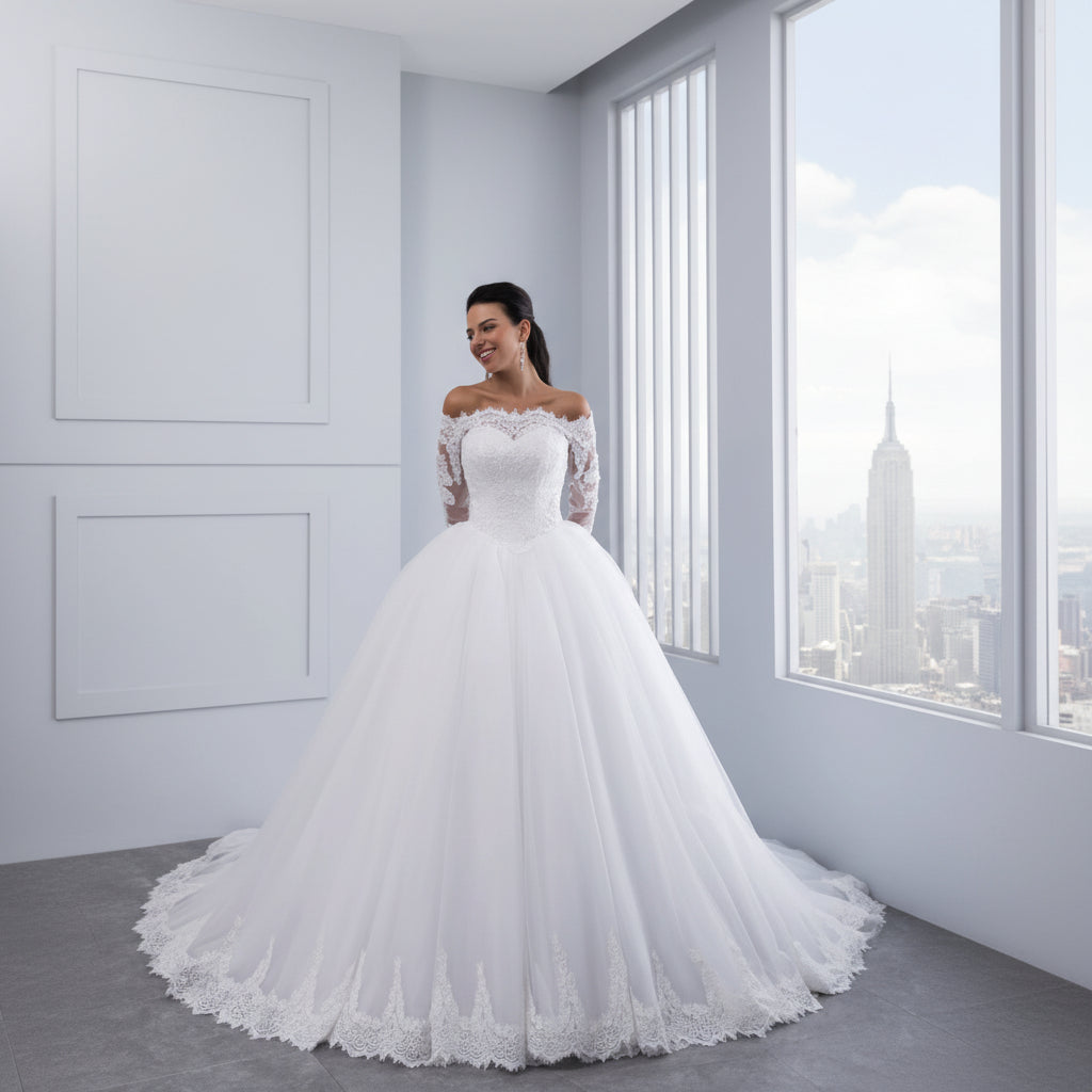 Majestic Off-the-Shoulder Lace Ball Gown - Grand Princess Bridal Dress with Cathedral Train Feminé Luxé