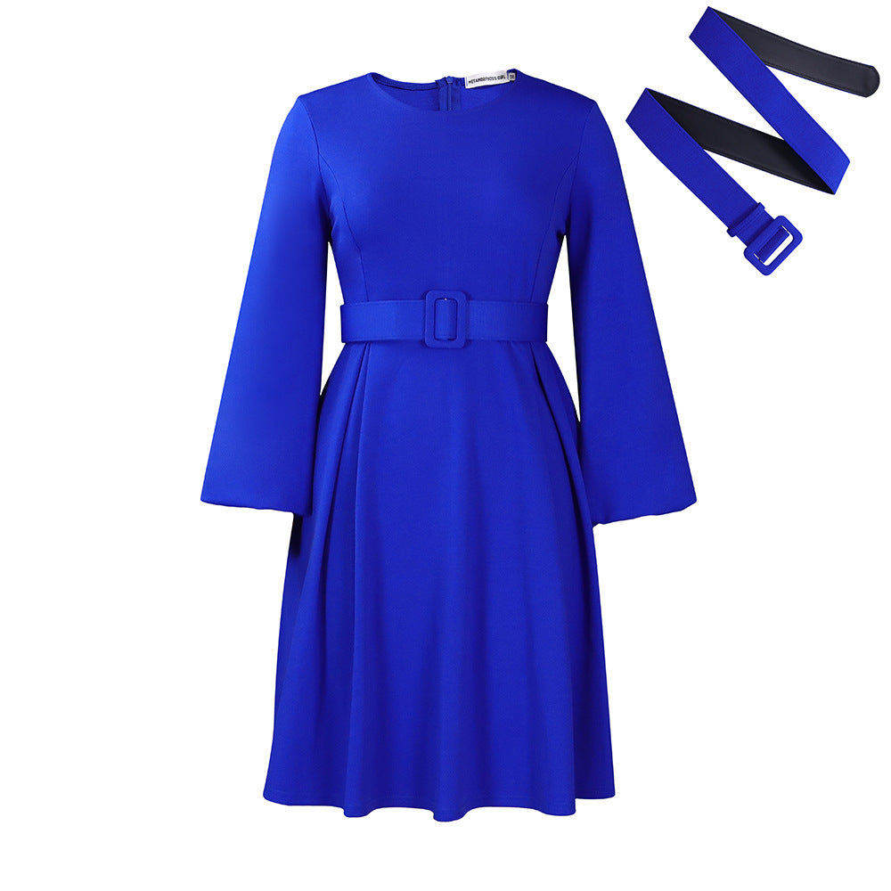 Belted Long Sleeve Swing Dress Feminé Luxé