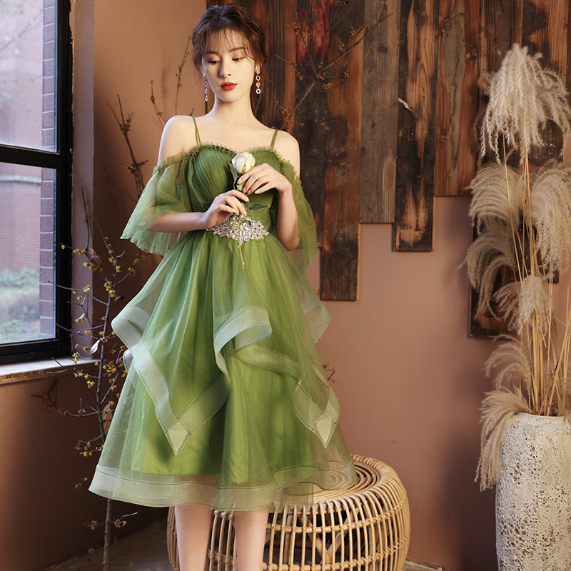 Elegant Green Off-Shoulder Layered Tulle Evening Dress Feminé Luxé