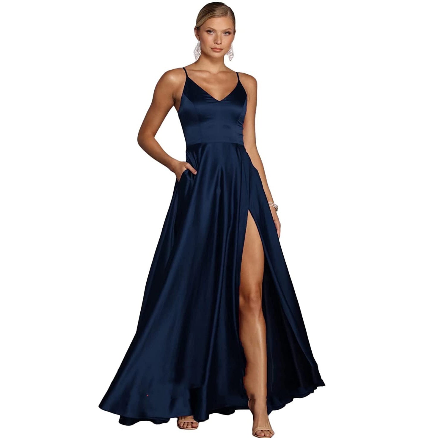 Elegant Satin V-Neck A-Line Long Evening Dress Feminé Luxé