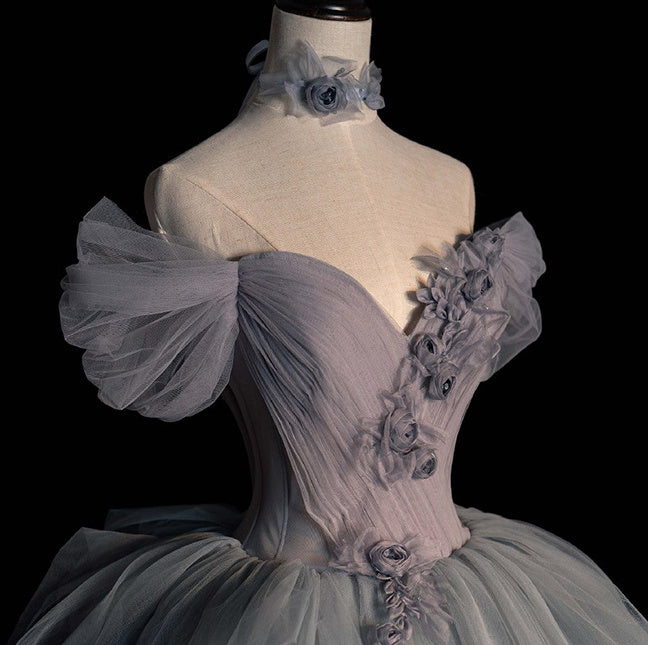 Elegant Off-Shoulder Gray Tulle Princess Ball Gown Feminé Luxé