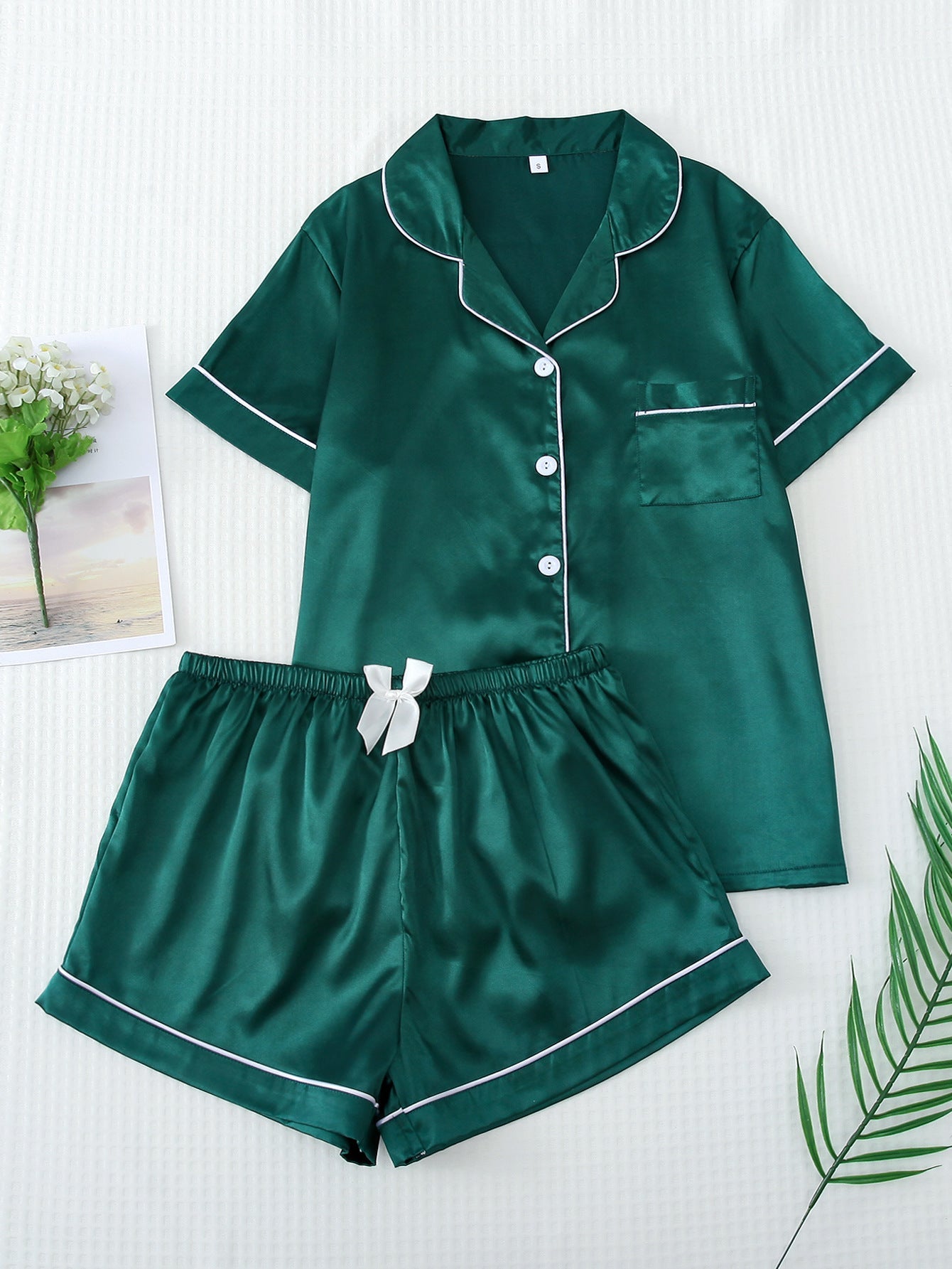 Effortless Silky Satin Pajama Set - Short Sleeve Top & Long Pants Loungewear Feminé Luxé