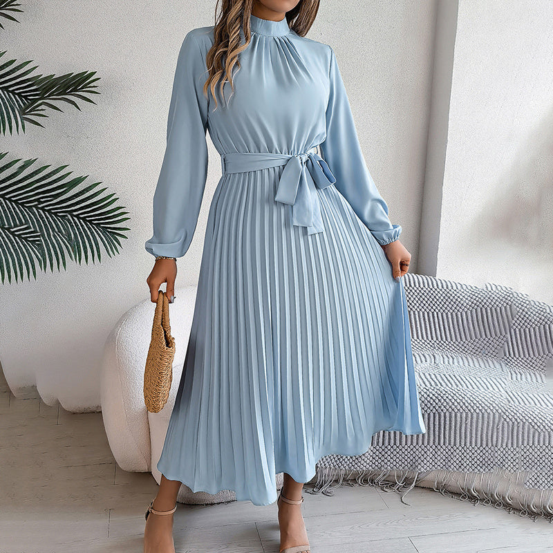 Elegant High Neck Pleated Maxi Dress - Long Sleeve Flowy Evening & Prom Event Gown Feminé Luxé
