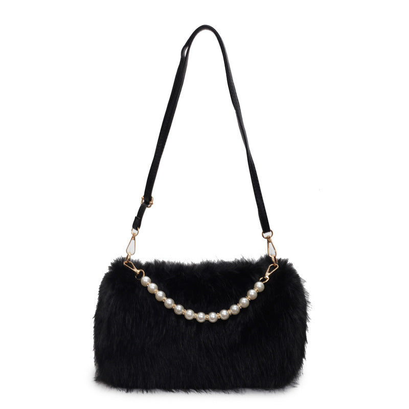 The Étoile Pearl-Chain Plush Crossbody – Luxury Faux Fur Winter Statement Bag Feminé Luxé