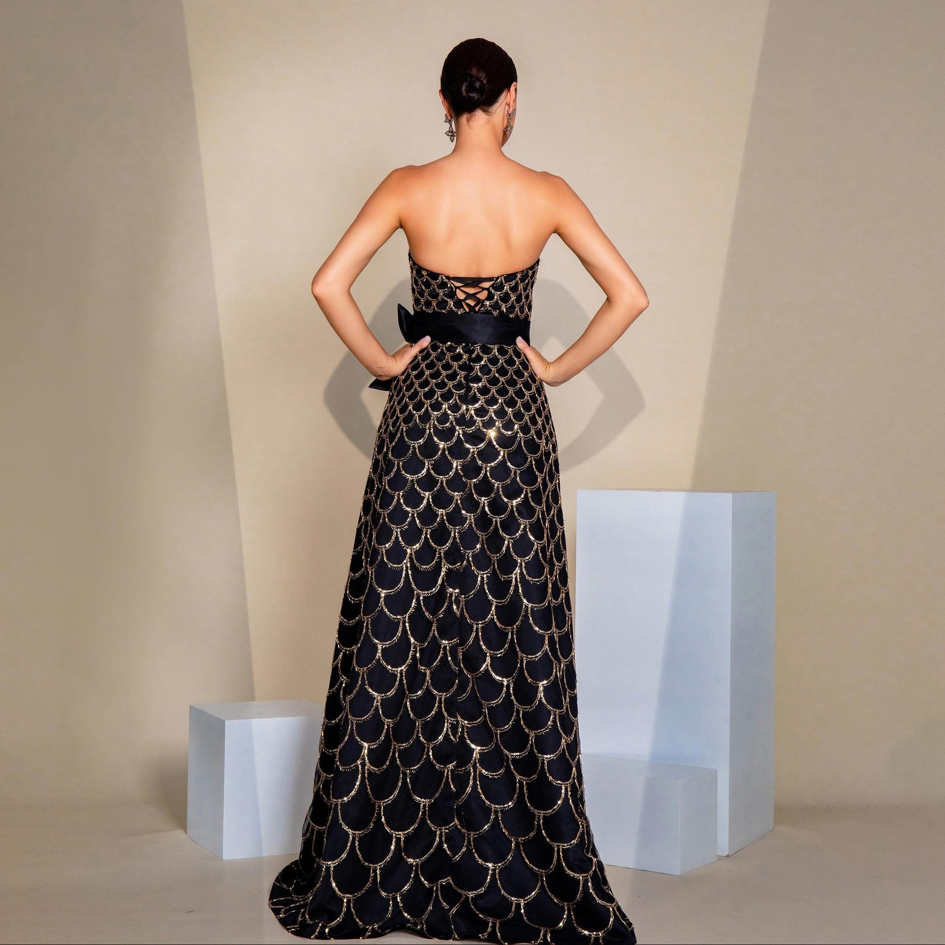Off-Shoulder Sequined Evening Dress with Bow Waist & Elegant Swing Skirt Feminé Luxé