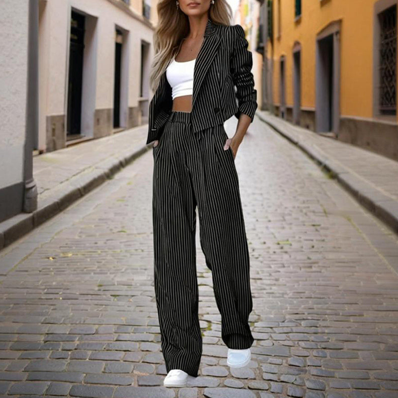 Striped Crop Blazer, Pleated Pant & Cropped Top 3-Piece Set | Feminé Modern Workwear Feminé Luxé