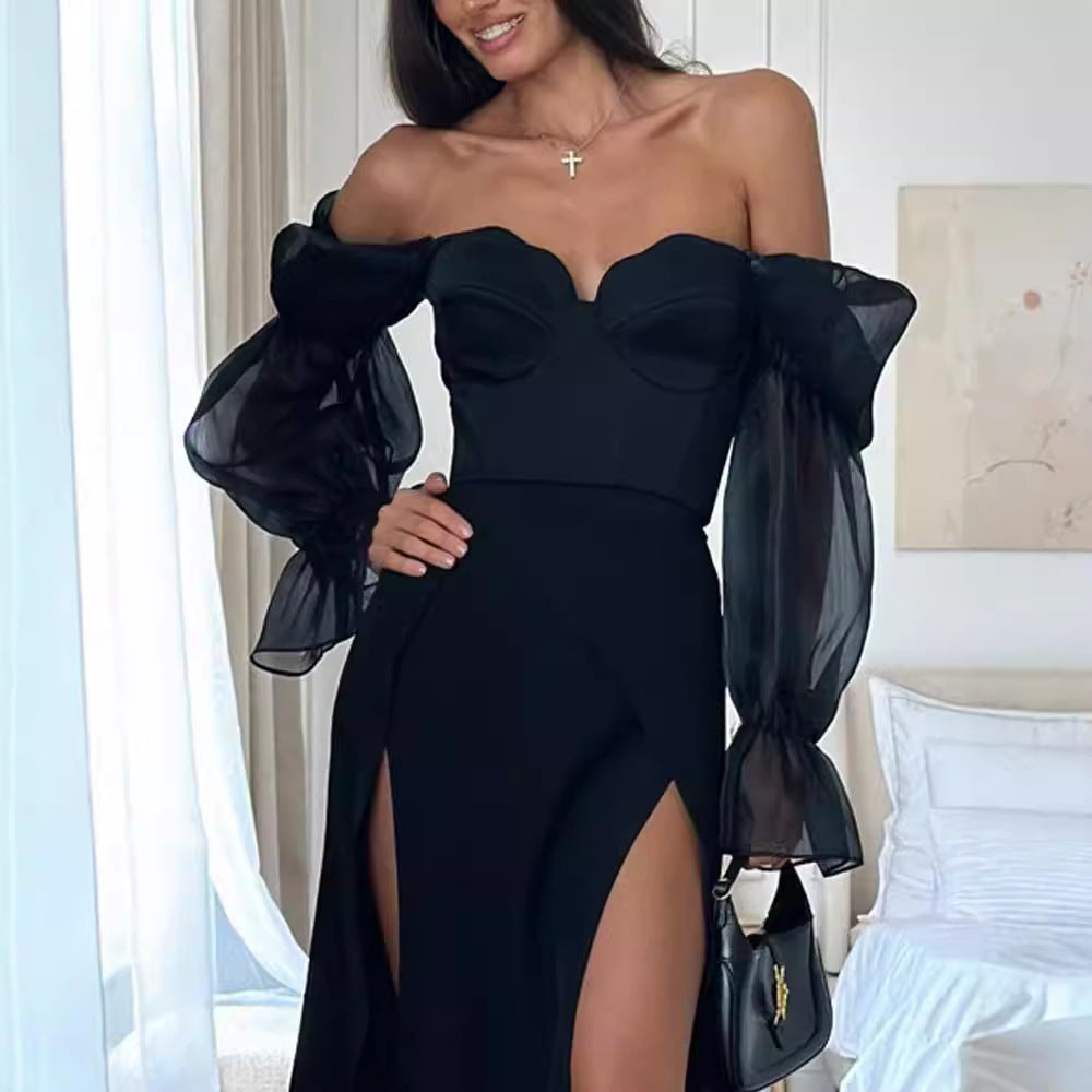 Chic Off-Shoulder Tube Top Maxi Dress with Sheer Lantern Sleeves and Thigh Slit Feminé Luxé