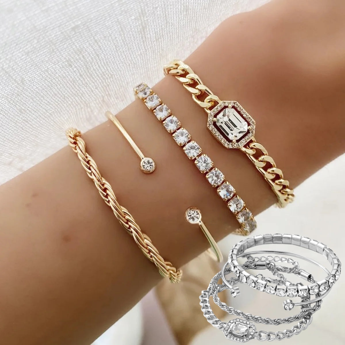 Bohemian Vintage Luxury 4-Piece Gold Tone Crystal Cuff & Layering Bracelet Set Feminé Luxé
