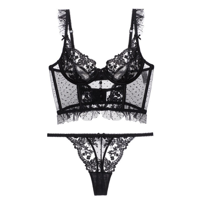 Lace Sling Corset Embroidered Bra Set - Black Lingerie with Adjustable Straps Feminé Luxé