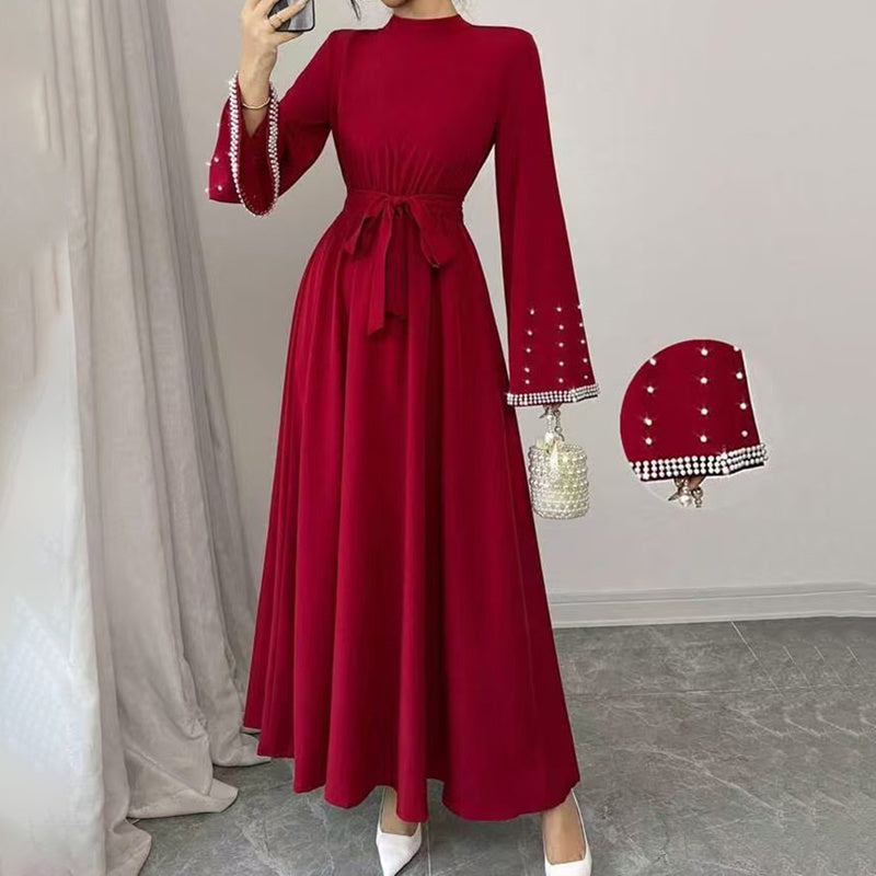 Elegant High-Neck Maxi Gown | Long Sleeve Embellished Belt Event Dress Feminé Luxé