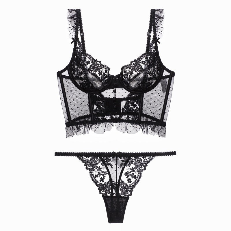Sheer Embroidered Lace Longline Bralette & Panty Set Feminé Luxé