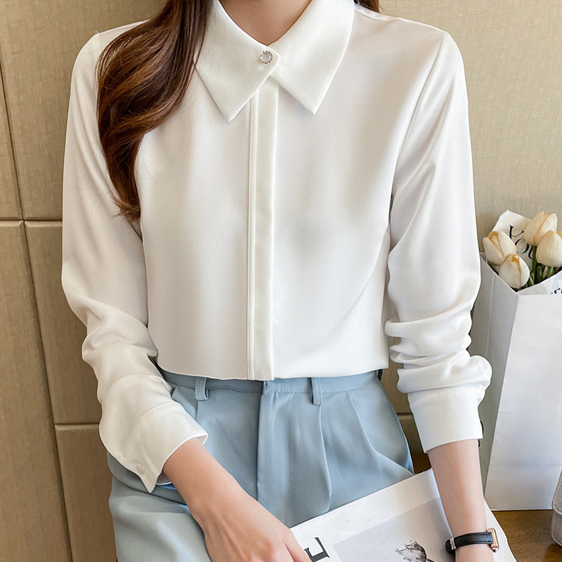 Elegant Chiffon Business Blouse - Silky Drape & Pearl Collar Feminé Luxé