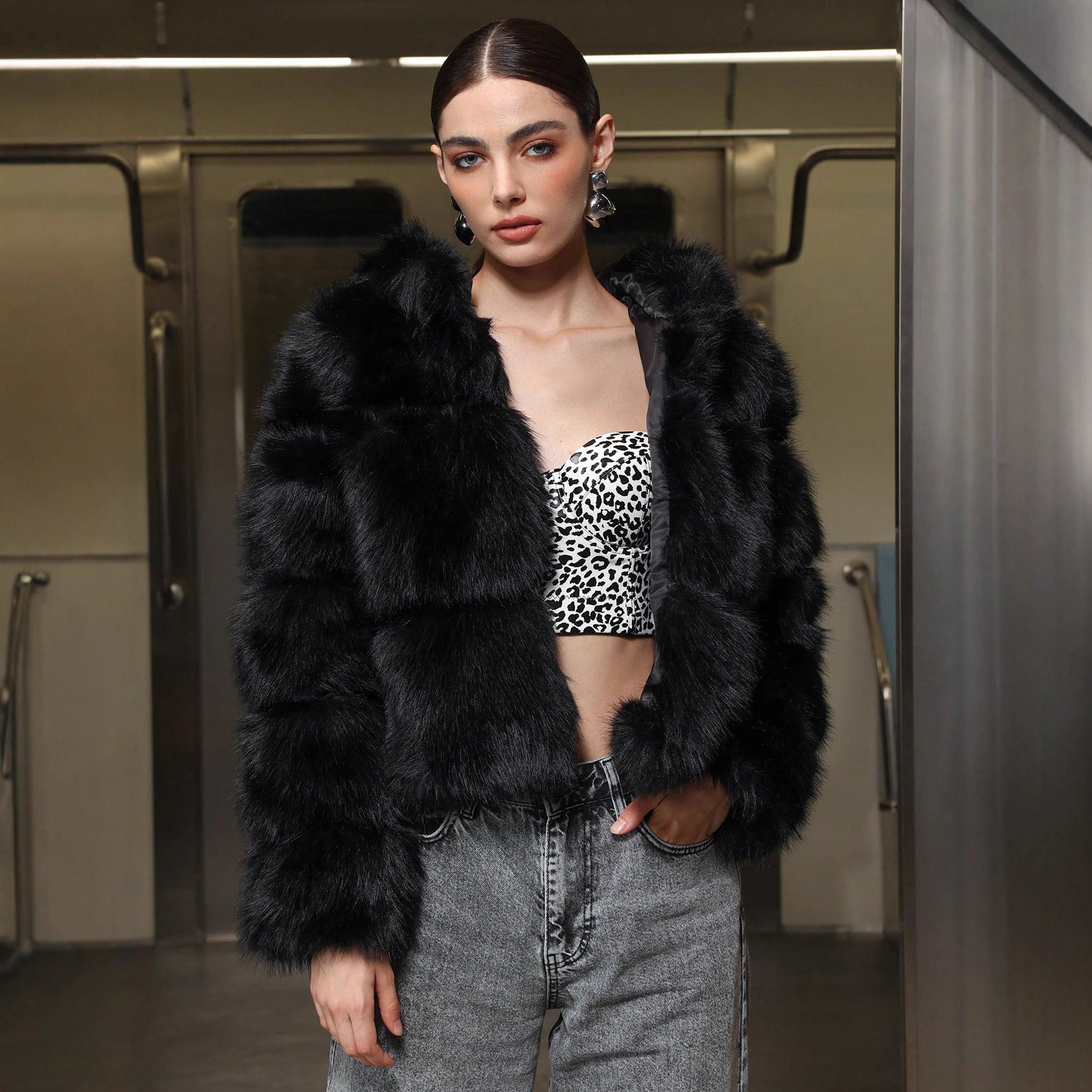 Statement Black Faux Fur Hooded Short Jacket Feminé Luxé