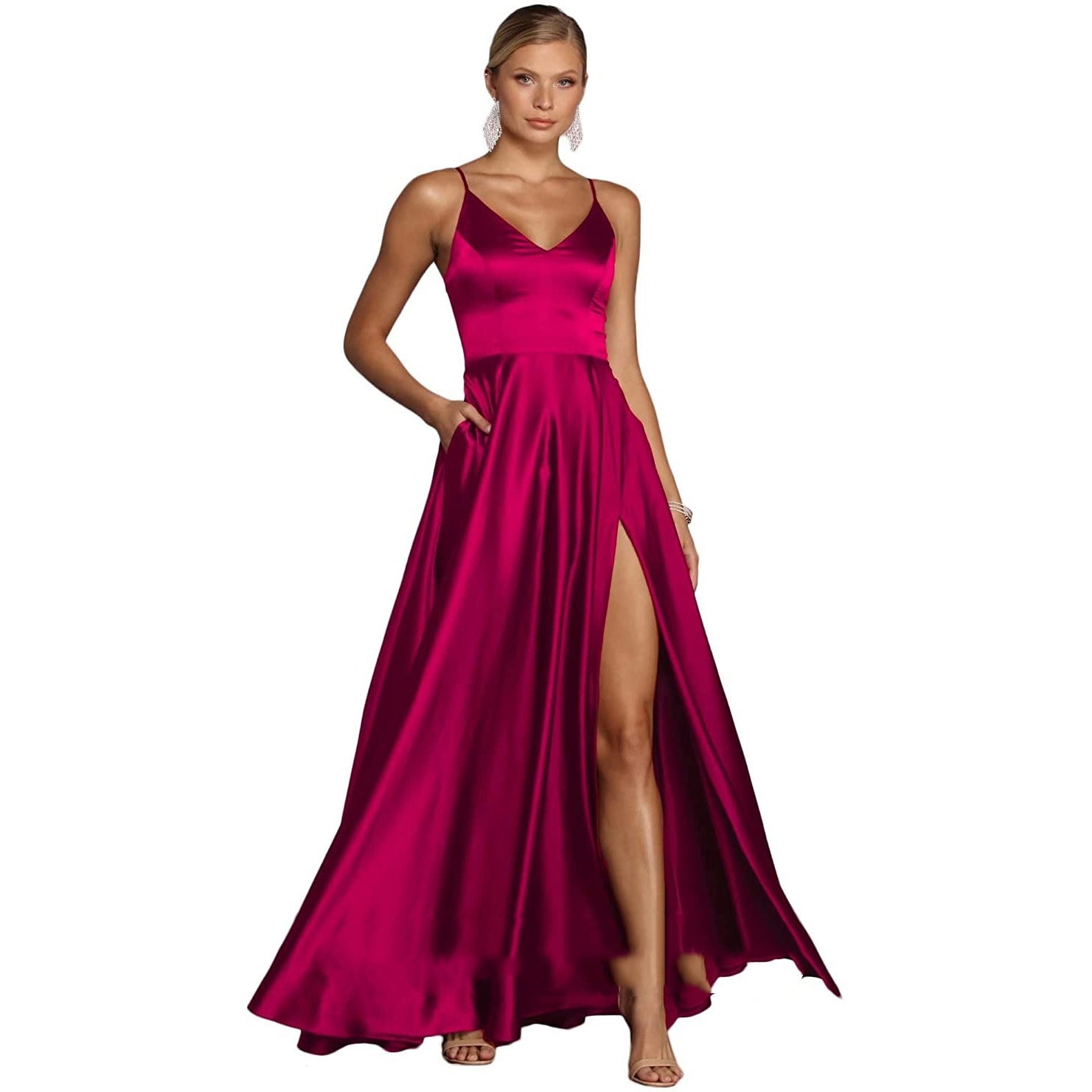Elegant Satin V-Neck A-Line Long Evening Dress Feminé Luxé