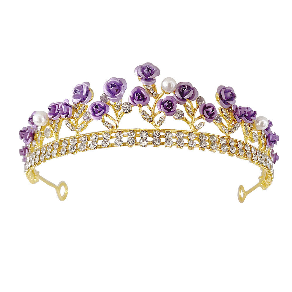 The Royal Majesté Tiara: Regal Violet Rose & White Crystal Crown - Gold Plated Diadem for Bridal & Pageantry Feminé Luxé