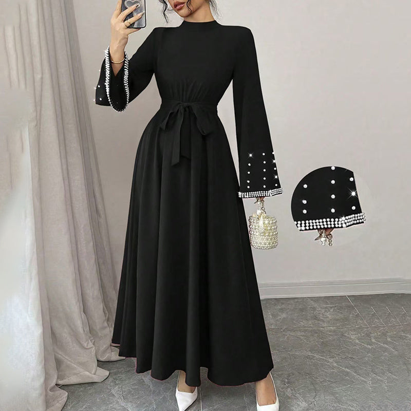 Elegant High-Neck Maxi Gown | Long Sleeve Embellished Belt Event Dress Feminé Luxé
