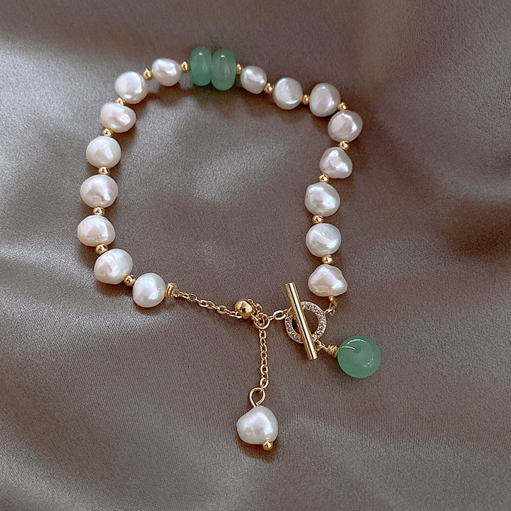 Chic Irregular Freshwater Pearl & Green Jade T-Bar Toggle Bracelet Feminé Luxé