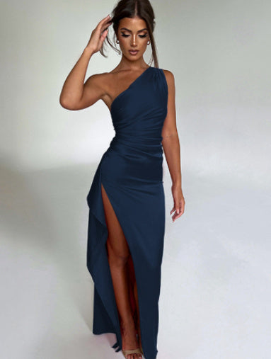 The "Siren" One-Shoulder High-Slit Satin Dress Feminé Luxé