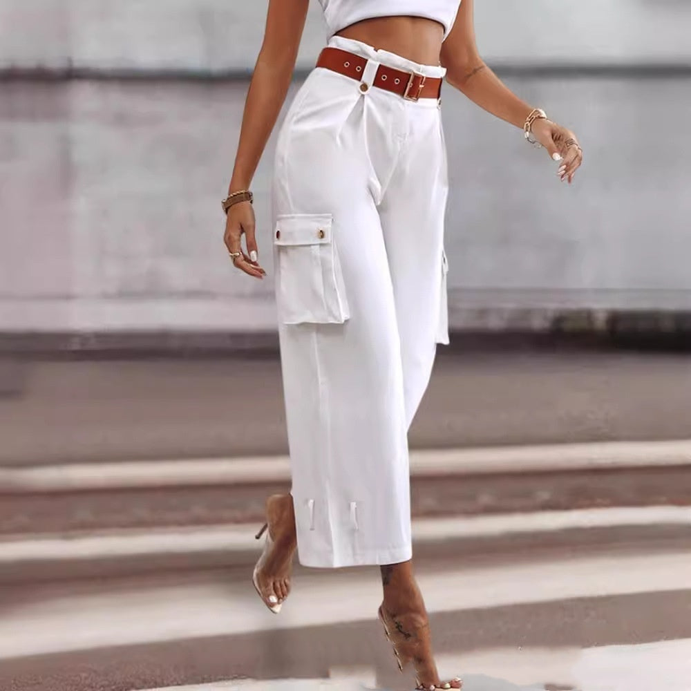Luxe High-Waist Wide-Leg Cargo Trousers with Contrast Belt Feminé Luxé