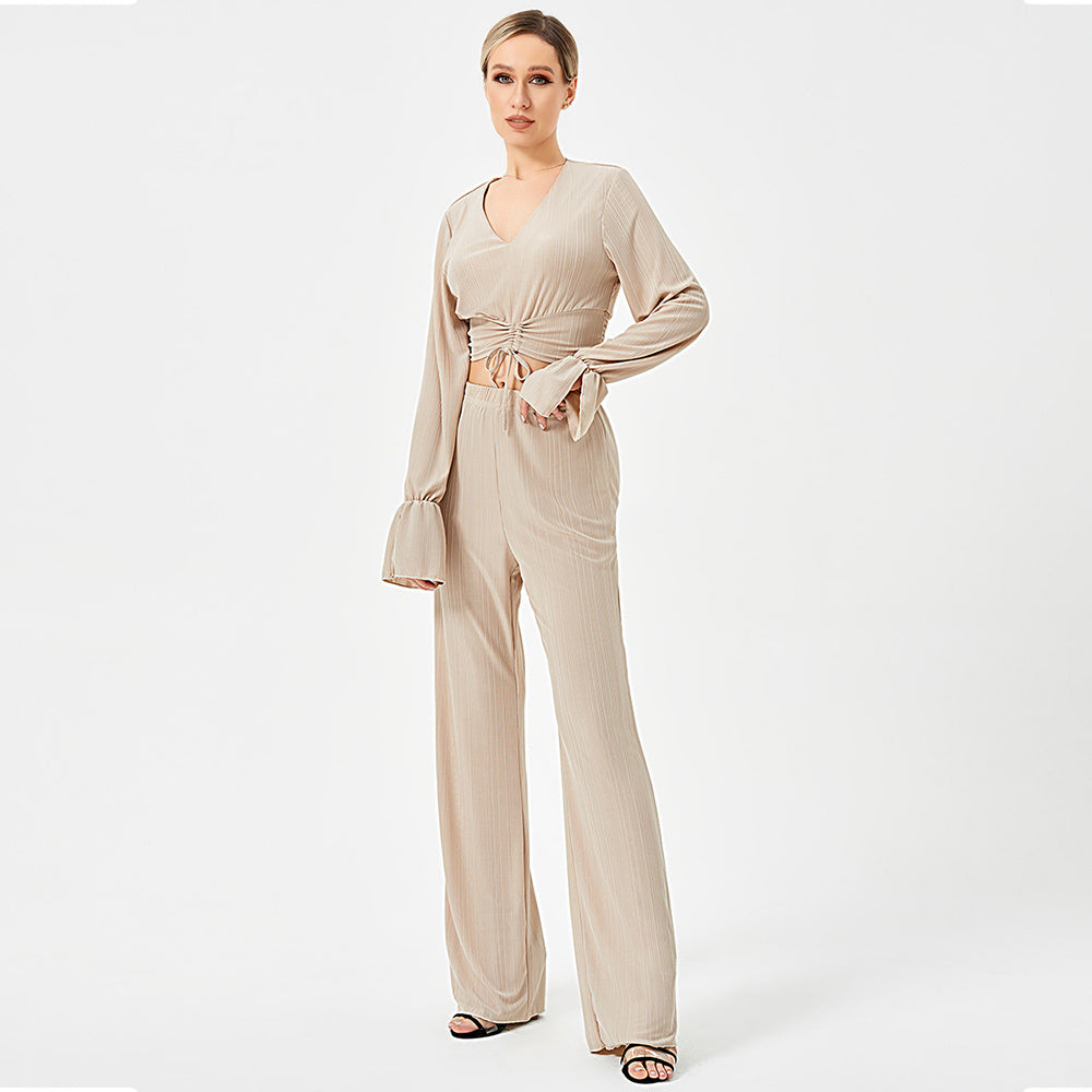 The Wine Noir Ribbed Bell-Sleeve Co-ord Set | Deep V-Neck & Flare Trousers Feminé Luxé
