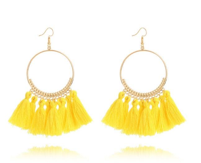 Bohemian Grande Tassel Hoop Earrings | Hand-Woven Fringe Dangles in Geometric Gold Finish Feminé Luxé