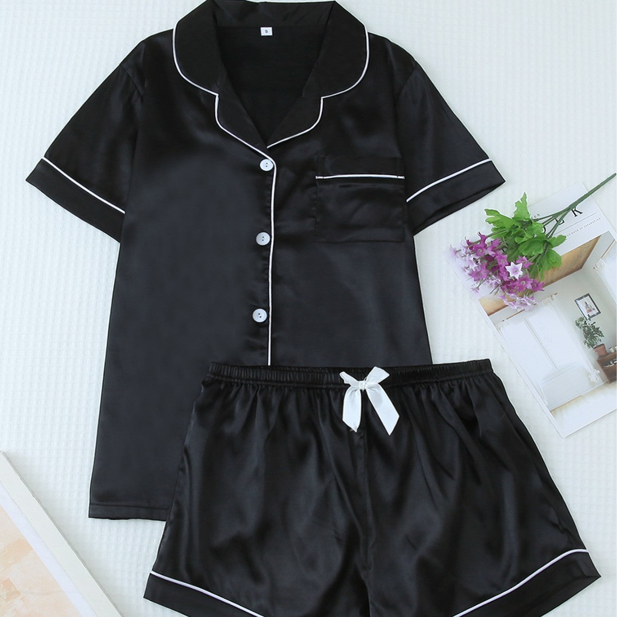 Effortless Silky Satin Pajama Set - Short Sleeve Top & Long Pants Loungewear Feminé Luxé