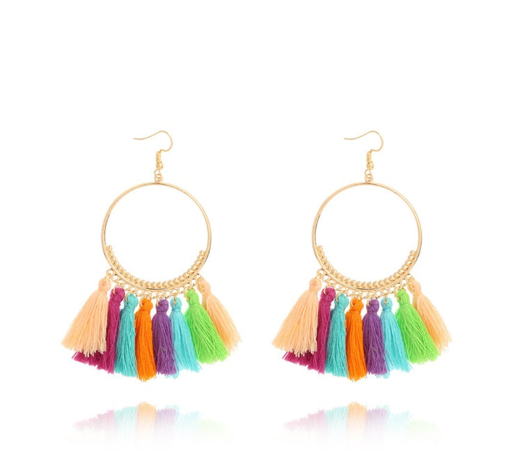 Bohemian Grande Tassel Hoop Earrings | Hand-Woven Fringe Dangles in Geometric Gold Finish Feminé Luxé