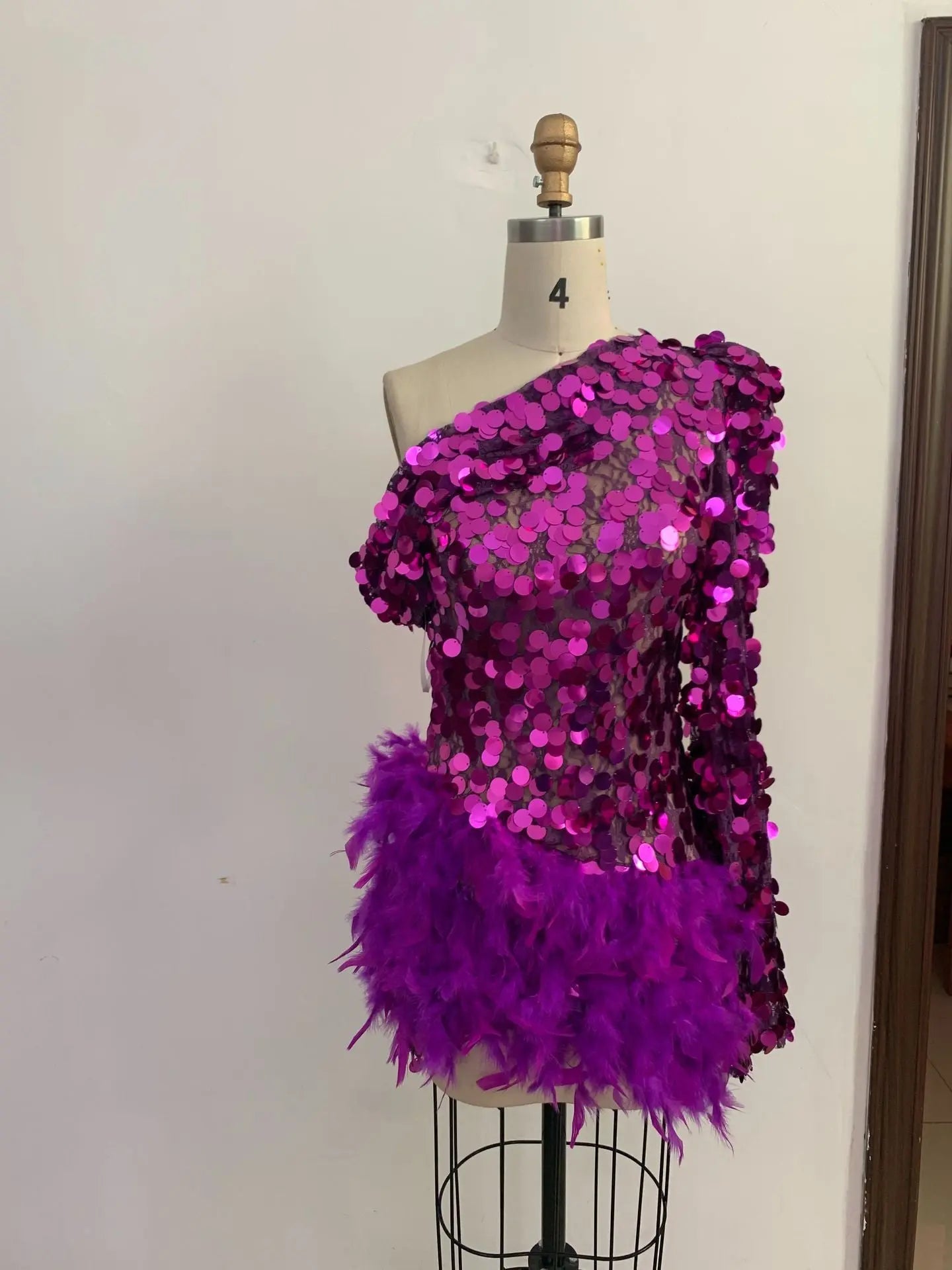 Royal Amethyst™ Feather & Sequin One-Shoulder Luxury Dress Feminé Luxé