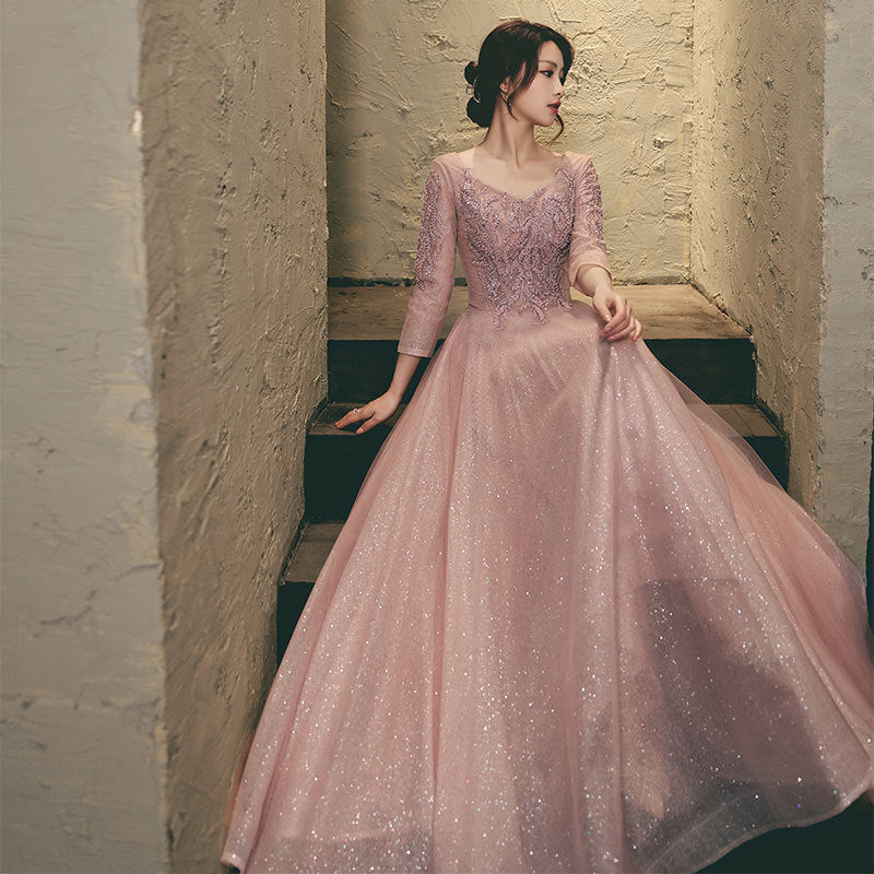 Elegant Long Sleeve Lace & Tulle Evening Gown in Soft Pink Feminé Luxé