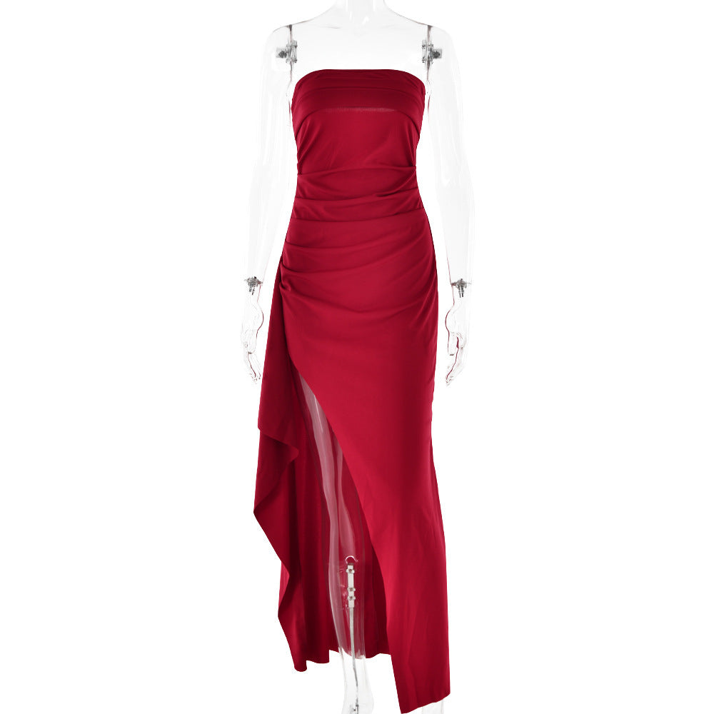 Elegant Strapless High Slit Pleated Maxi Gown | Formal Bridesmaid & Evening Party Dress Feminé Luxé