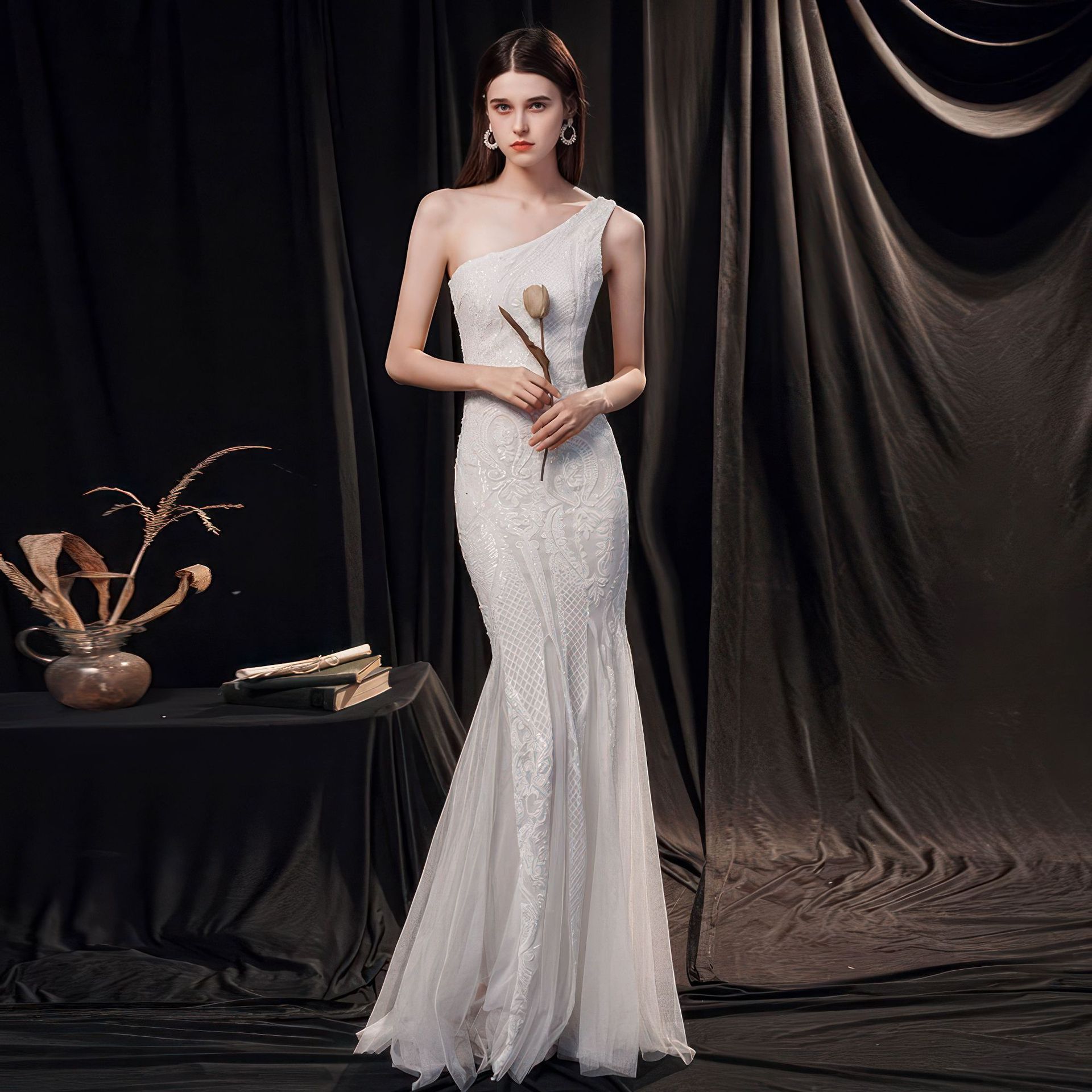 One-Shoulder Fishtail Evening Gown – Elegant Slimming Formal Dress Feminé Luxé