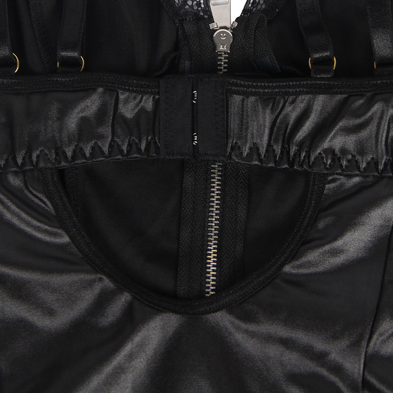 Large Size Black Zipper Bodysuit with Garter Straps Feminé Luxé