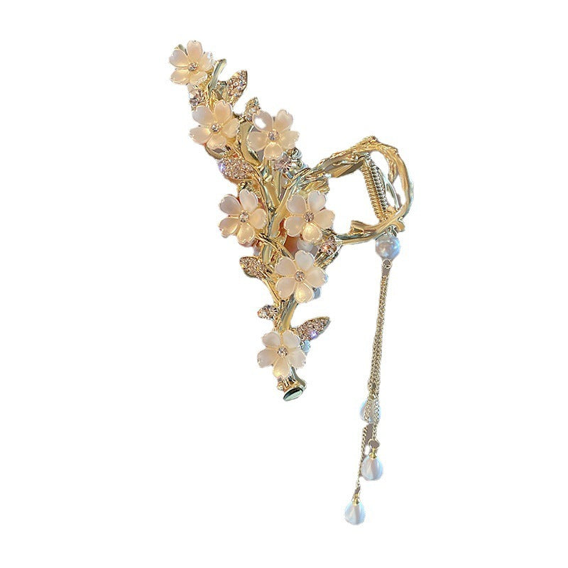 The Blossom Cascade Claw: Ornate Bell Orchid & Pearl Tassel Hair Gripping Clip - Couture Bridal & Statement Accessory Feminé Luxé