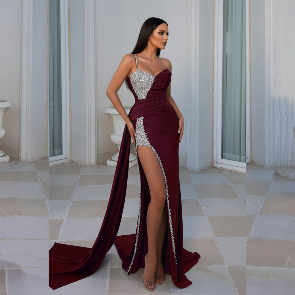 Emerald Green Split Gown with Silver Crystal Detailing Feminé Luxé