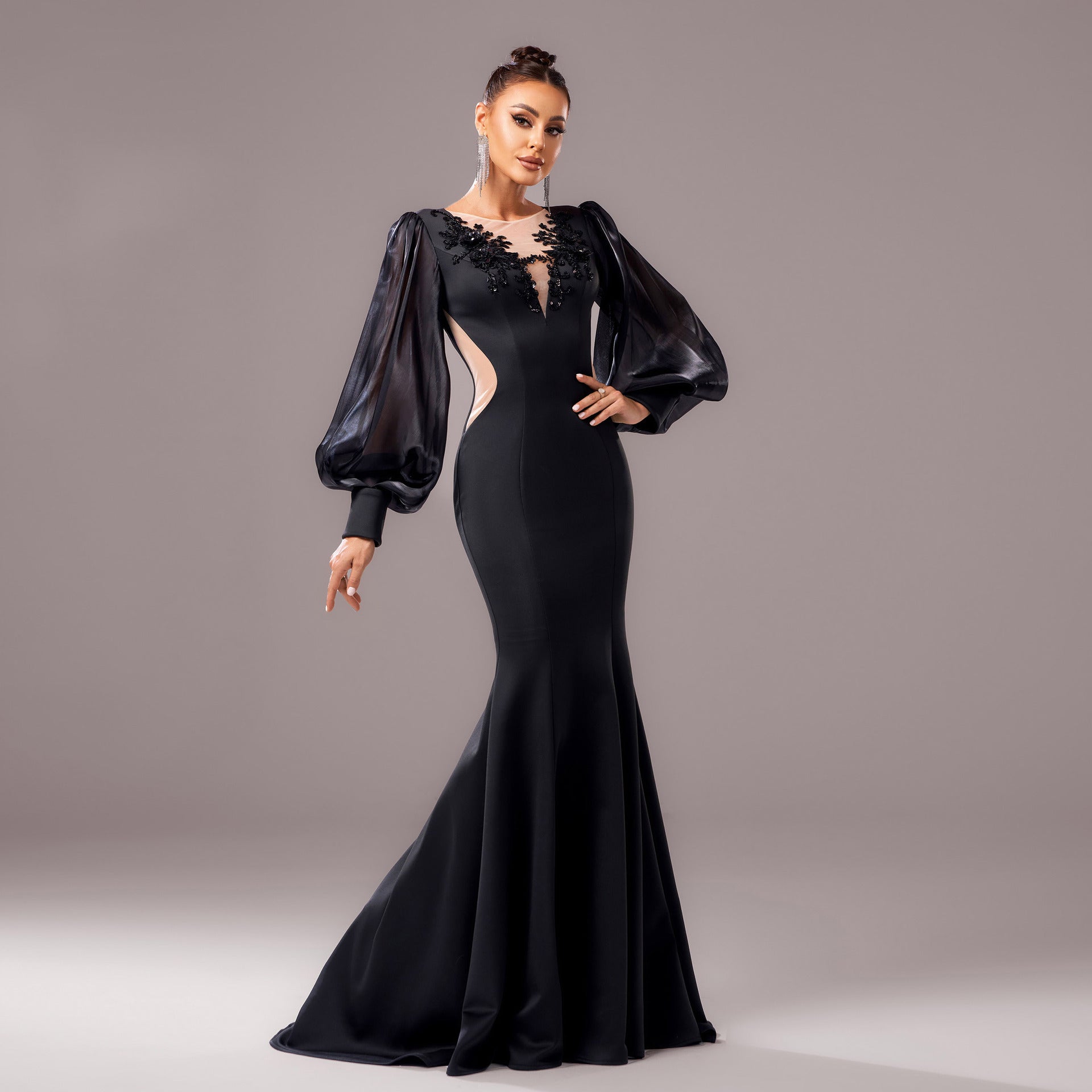 Black Majesty Long Sleeve Sheer Banquet Fishtail Gown Feminé Luxé