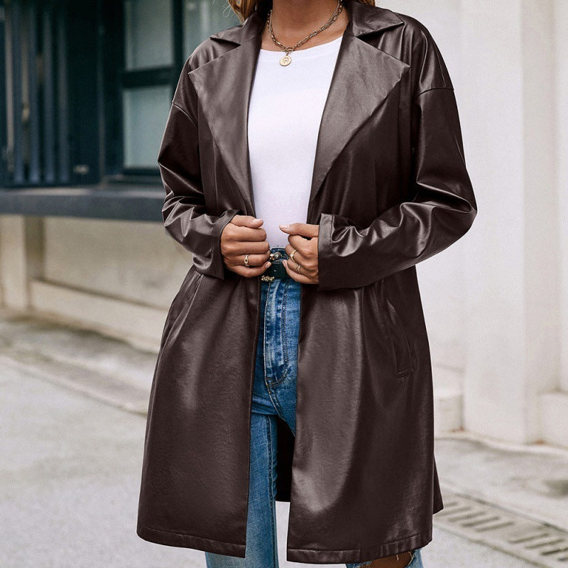 The 'Noir Luxe' Mid-Length Vegan Leather Trench Coat | Belted Wrap Style Feminé Luxé