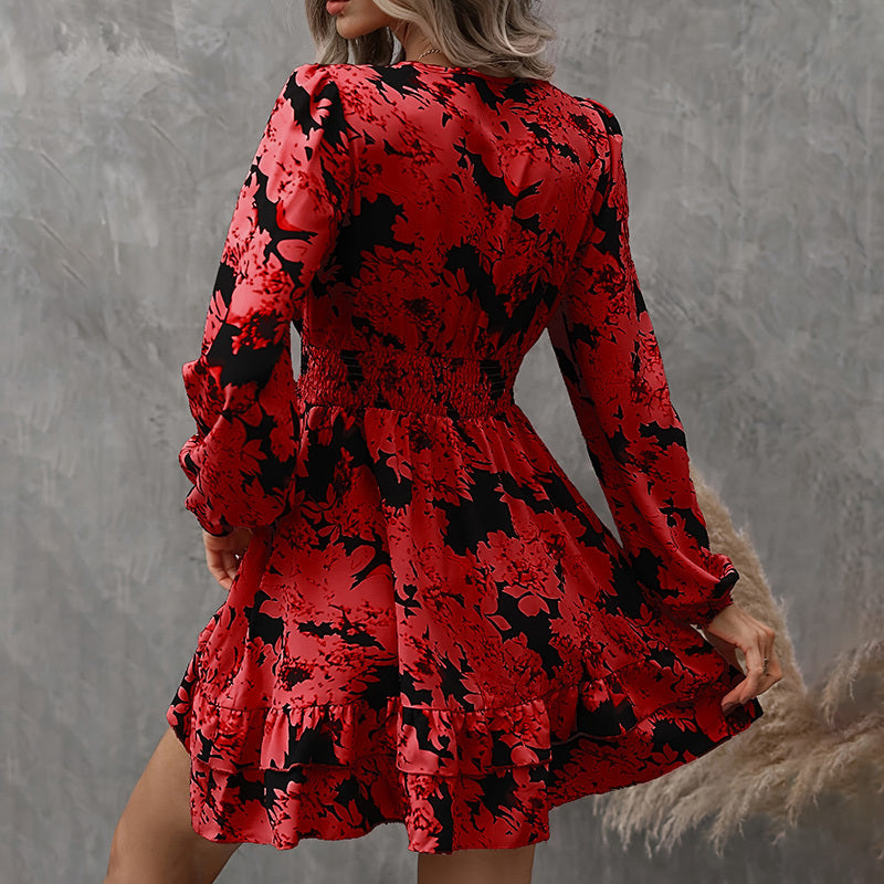 Bohemian Floral Printed V-Neck Mini Dress - Flowy Lantern Sleeve Ruffled Casual Dress Feminé Luxé